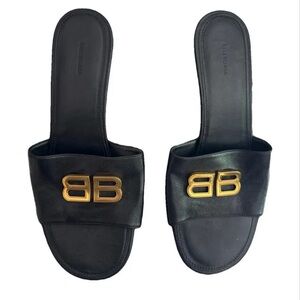 Balenciaga Black Slides with Gold Emblem